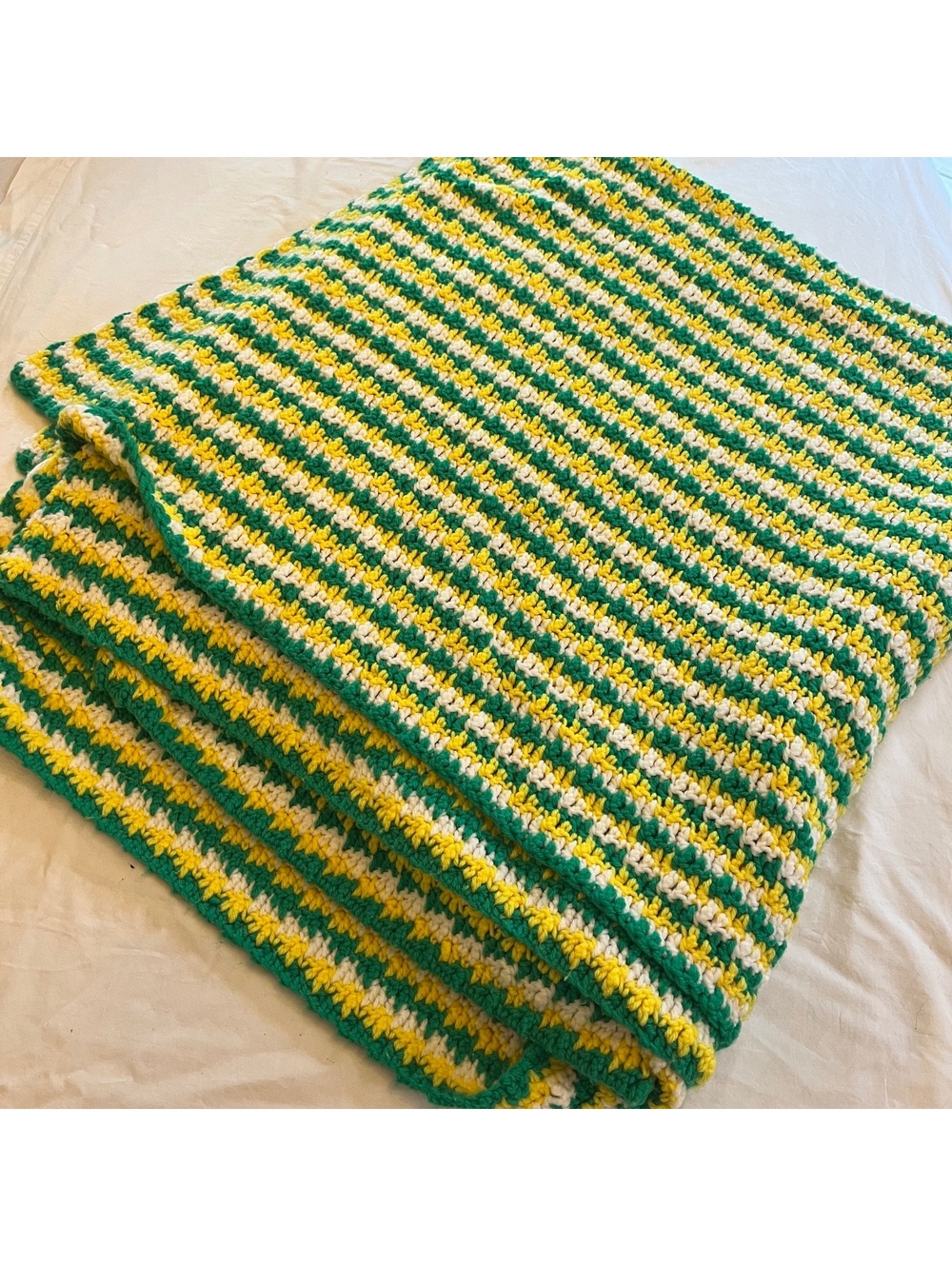 Oversized King Crochet Blanket Green Gold White Striped Afghan 110x104 Vintage